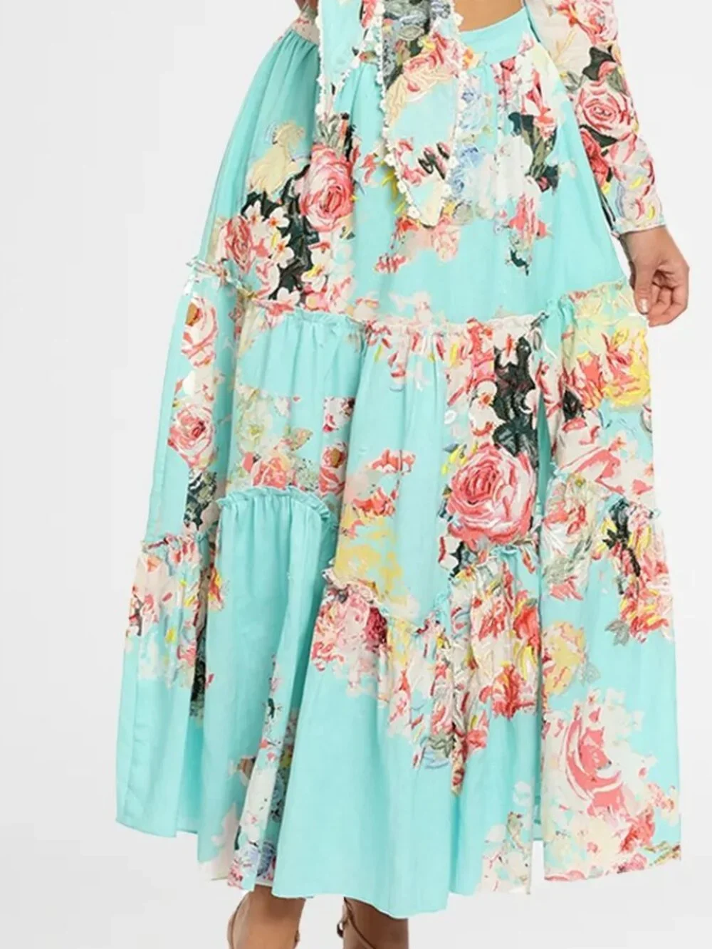 HEMANT & NANDITA SAGE Midi SKIRT Floral w/ embroidery tiered ruffle turquoise LG